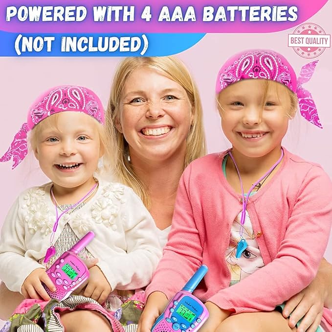 Waka Waka Walkie Talkies for Kids (2 Pack, Pink and Light Blue) — Long Range Two-Way Walkie Talkie Set with Bandanas and Whistles Included — Great for Indoor or Outdoor Play — Gift for Boys and Girls
