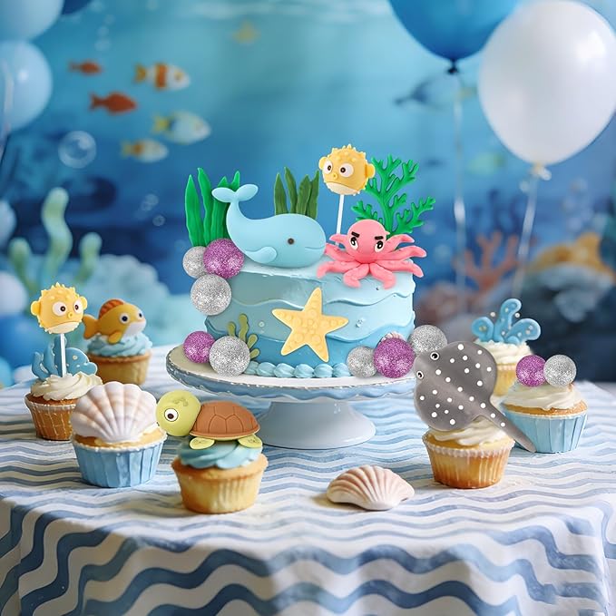 Hooqict 20Pcs Sea Ocean Cake Decorations Set with Mini Octopus, Turtle, Fish, Sealife, Under the Sea Cake Toppers for Underwater World Ocean Animals Theme Baby Shower Birthday Party Decorations