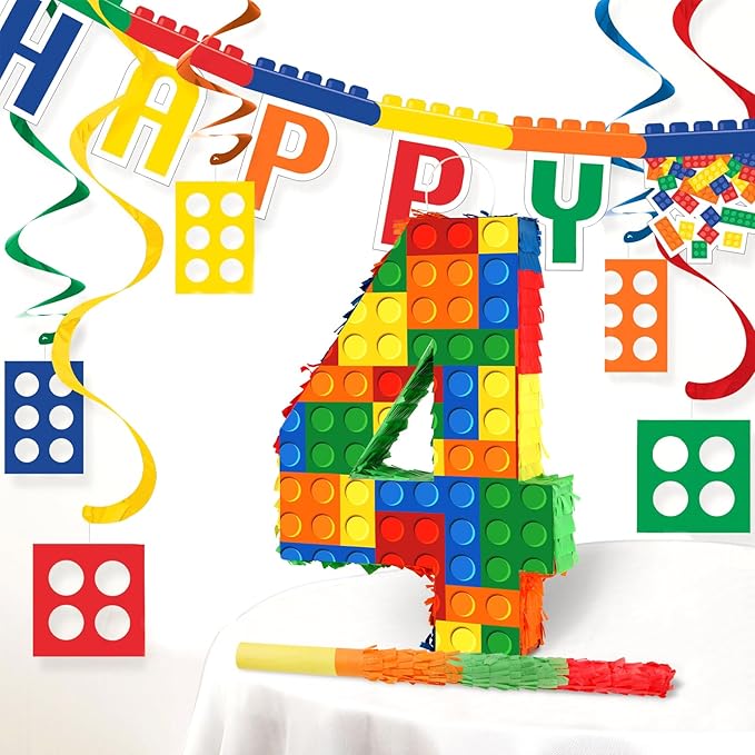 Hooqict Building Blocks 4th Birthday Party Decorations Number 4 Pinata with Pinata Stick & Blindfold for Kids Girls Boys Happy Birthday Building Block Theme Party Supplies Carnival Games
