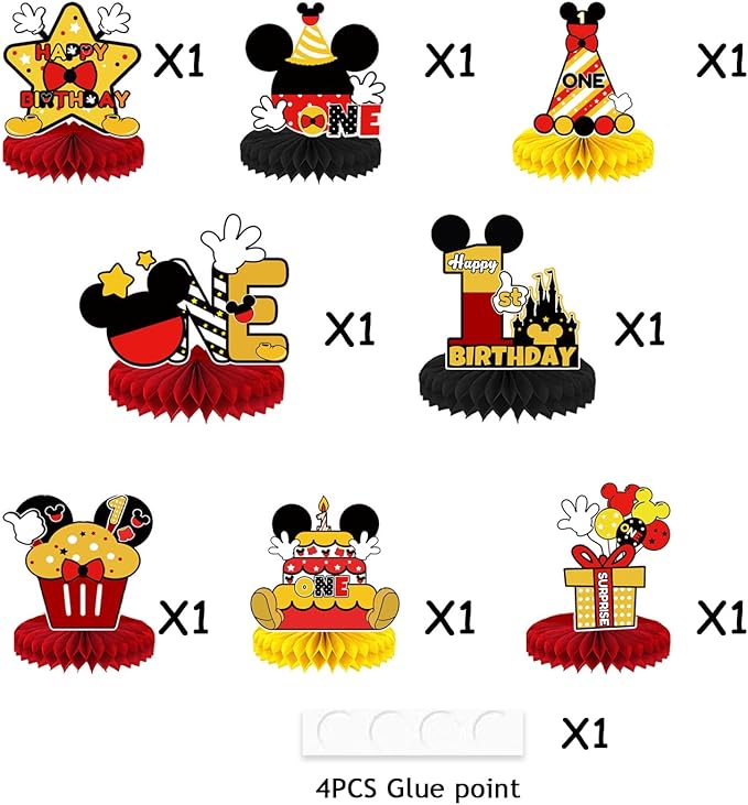 Mouse Table Honeycomb Centerpieces,Cartoon Mouse Themed Table Topper Decor One Year Old Birthday Party Supplies(8 Pcs)
