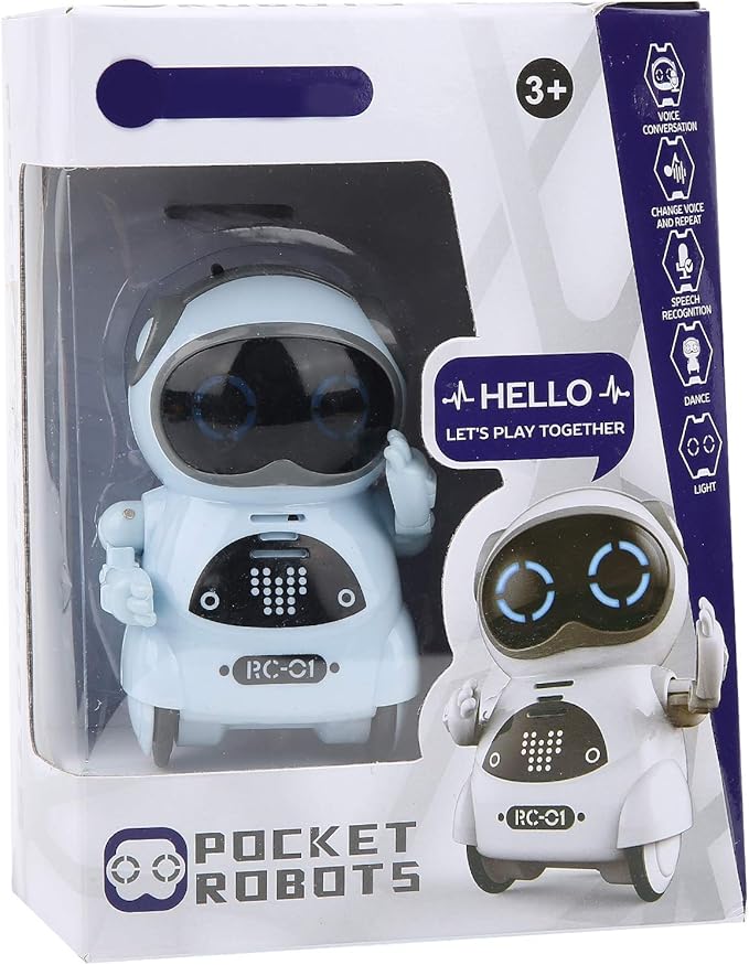 Mini Pocket Robot Toy, Interactive Voice Recognition, Repeat, Sing, Dance, LED, Story ABS Decoration, Robot Toy 3.3in with LED Lights for Entertainment, Communication (Blue)