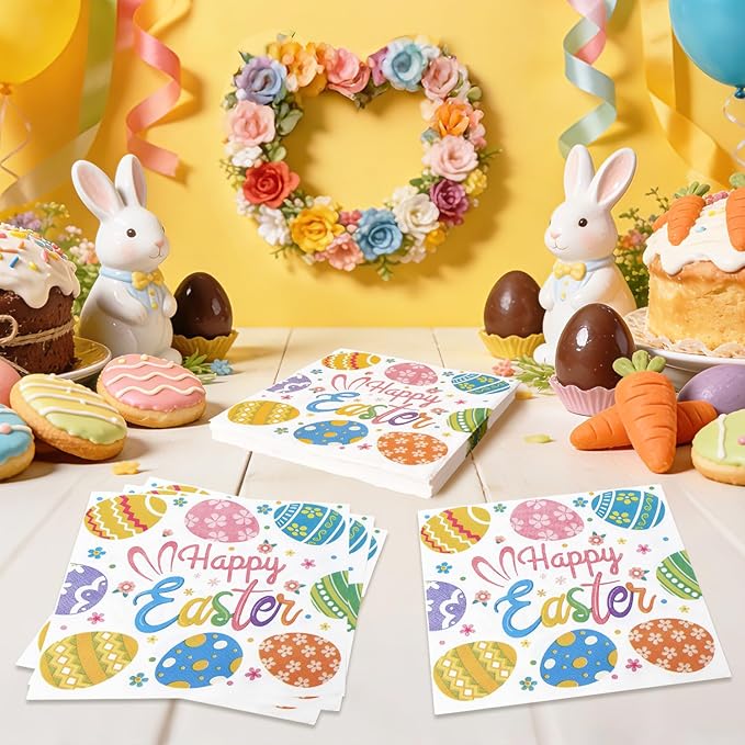 Easter Egg Design Paper Napkins - 50 Pcs Disposable Decorative Napkins for Easter Party Supplies, Spring Tableware