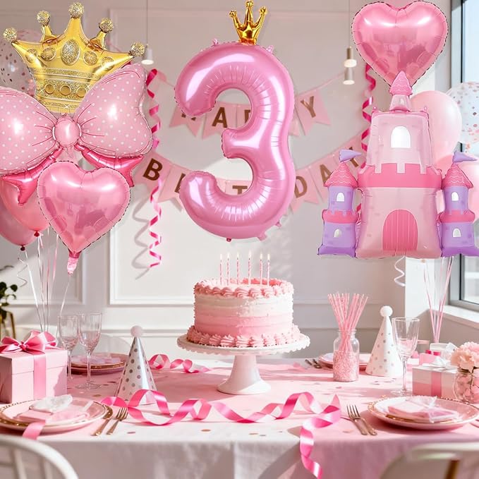 Princess Balloons for 3rd Birthday Decorations for Girls Pink Castle Balloons Large Pink Crown Number 3 Balloon for Princess Birthday Party Decor Supplies