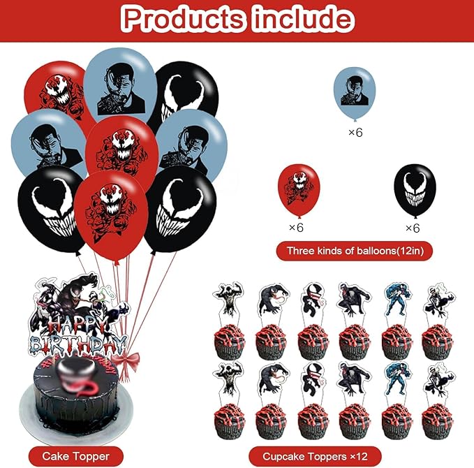 𝓥𝓮𝓷𝓸𝓶 3 Party Decorations,𝓥𝓮𝓷𝓸𝓶 3 Birthday Party Supplies Includes Banner - Cake Topper - 12 Cupcake Toppers - 18 Balloons