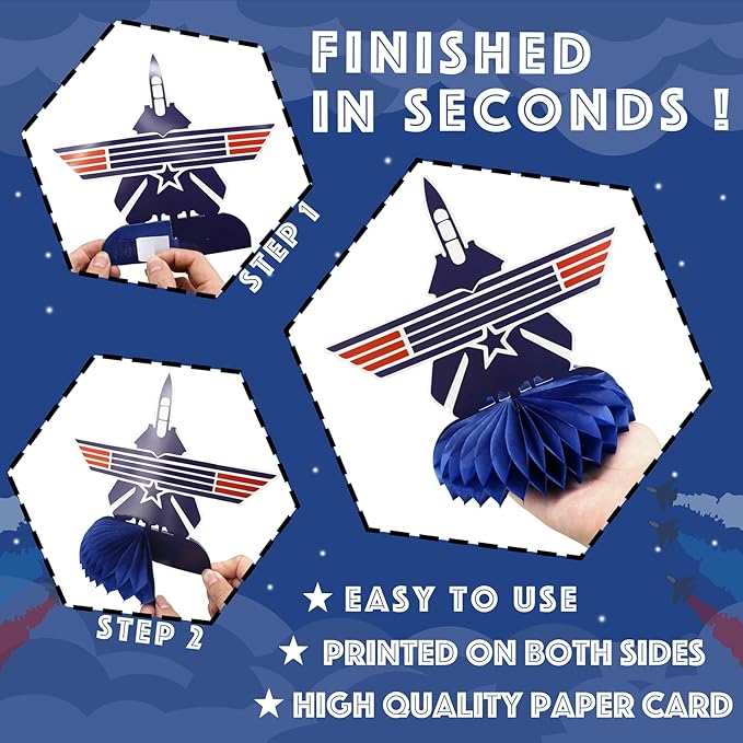 Fighter Pilot Party Honeycomb Centerpieces, 9 Pack Jet Airplane Table Decorations with Danger Zone Signs Airshow Trails Pilot Glasses, Military Jet Birthday Party Supplies for Kids Boys