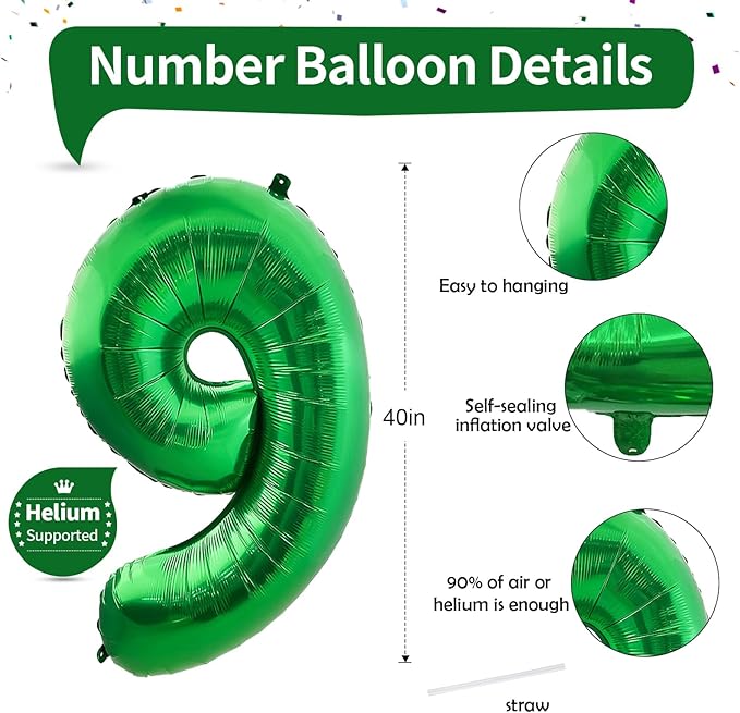 40 Inch Number 9 Balloons for Boys, Dark Green Giant 9th Birthday Party Number Balloon, Emerald Green Self Inflating Foil Balloons for Girls Women Birthday Party Jungle Anniversary Decoration Supplies