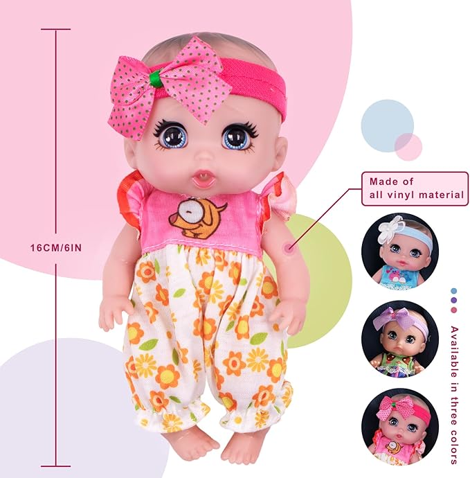 6" Cute Small Baby Doll Newborn Baby All Vinyl Reborn Baby Dolls for Girls Swivel Mini Dolls 16 cm Crying Baby DIY Toys for Ages 3+(Pink)