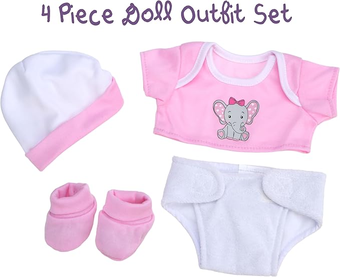 JC Toys Baby Girl 4-Piece Layette Set with Elephant Design, Pink and White, Includes T-Shirt, Cap, Booties and Diaper Made for Dolls 12"-14" Long