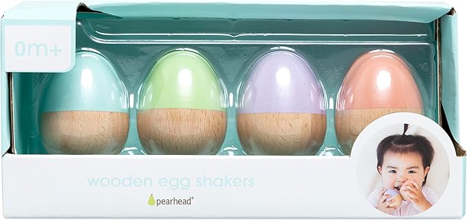 Pearhead Easter Wooden Egg Shakers Baby Toy Set – 4-Piece Montessori Musical Sensory Toy for Infants 0+ Months, Rhythm & Fine Motor Skills, Easter Basket Stuffer