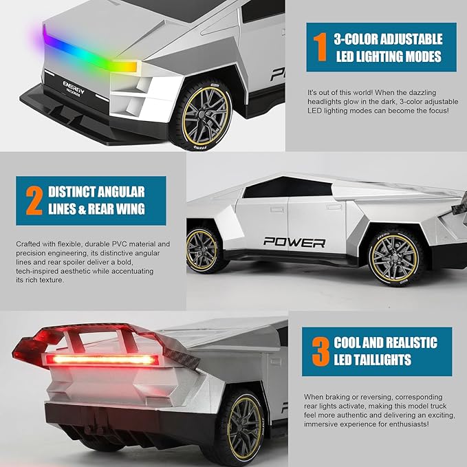 Remote Control Car/RC Truck – 2.4 GHz All-Terrain Cyber Vehicles with One-Touch Demo and Three Adjustable LED Light Effects, Off-Road Pick-Up Hobby Monster Truck Toys Gifts for Boys Aged 3+ (Silver)