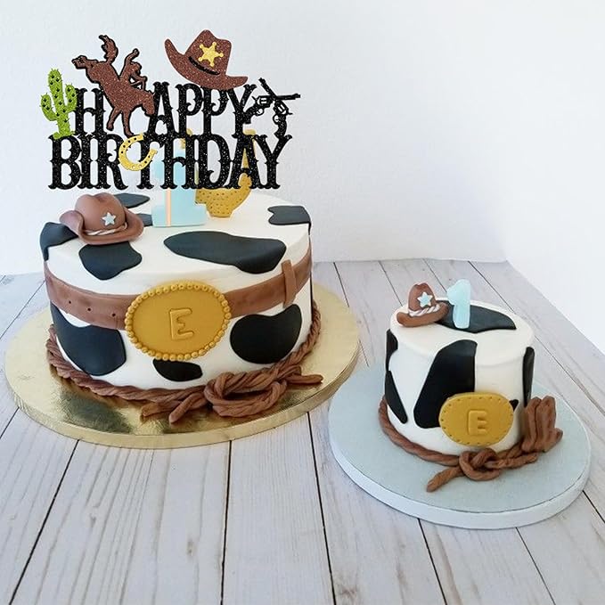 1 PCS Cowboy Happy Birthday Cake Topper Glitter Hat Horseshoe Cactus Gun Cake Pick for Western Theme Baby Shower Kids Birthday Party Cake Decorations