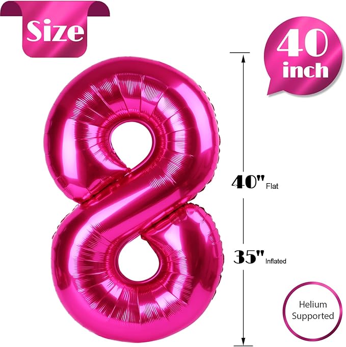 Hot Pink 8 Balloon, Number Balloons 40 Inch, 8th Birthday Decorations for Girls, Birthday Balloons, Hot Pink Party Supplies, Number 8 Balloon