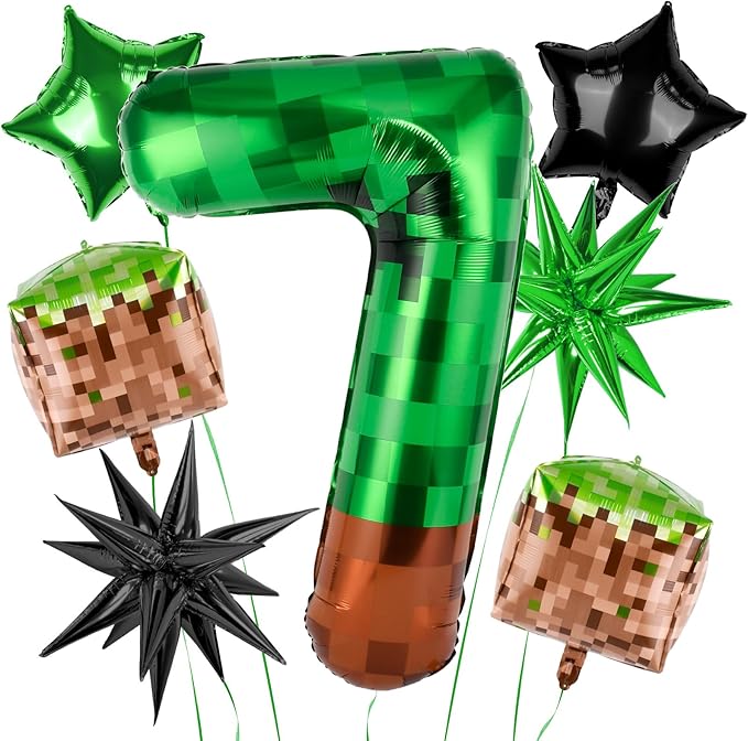 40 Inch Green Pixel Miner Number 7 Balloon Set, 7Pcs MIning Large Foil Balloon Video Game Themed Party Party Decorations for Kids' Anniversary Balloon Party Supplies Supplies
