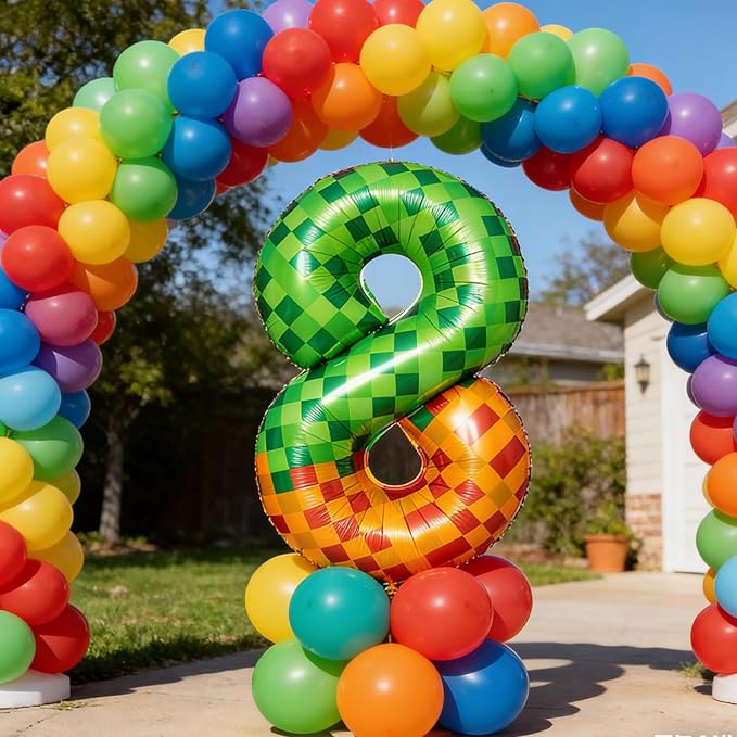 Green Pixel Miner Number 9 Foil Balloon Set 40 Inch Large Mylar Mining Theme Brown 9th Number Balloons Pixel Cubes Boxes Video Game Birthday Party Decorations 10Pcs