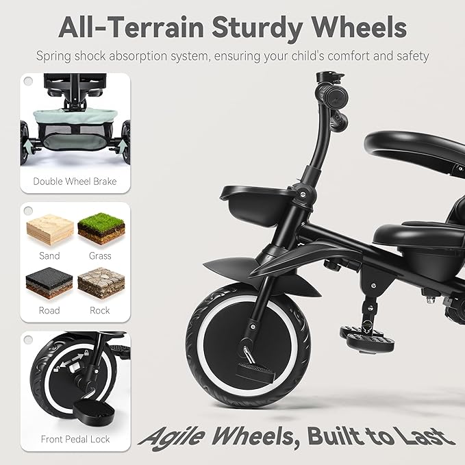8 in 1 Kids Tricycle, Folding Toddler Tricycle w/Reversible Seat, Adjustable Push Rod & Canopy, Baby Trike Toddler Bike w/Bell, 5-Point Harness, Extra Storage, Cup Holder, Pale Green