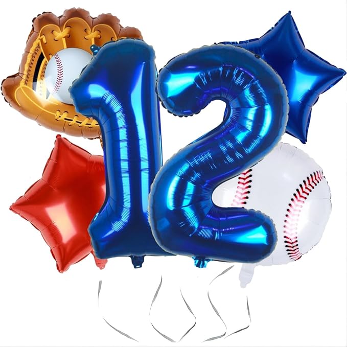 Baseball Balloons 12th Birthday Decorations for Boys | Baseball Birthday Decoration Sports Theme Party Supplies, 32Inch Foil Mylar Number 12 Balloon Navy Blue Red White Sports Balloon Arch Kits