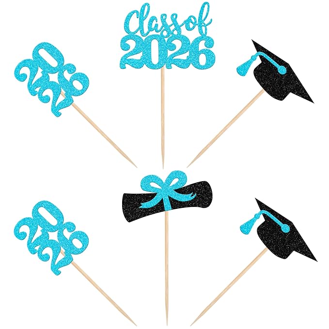 36 PCS 2026 Graduation Theme Cupcake Toppers Glitter Class of 2026 Graduation Cap Diploma Cupcake Picks 2026 Graduate Theme Party Cake Decorations Supplies Lake Blue
