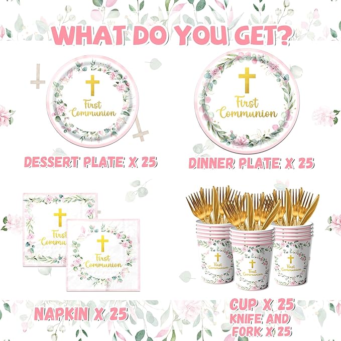First Communion Decorations for Girls, First Communion Plates and Napkins Pink Primera Comunion Decoracion First Communion Party Supplies for First Holy Communion Baptism Party Decorations Serves 25