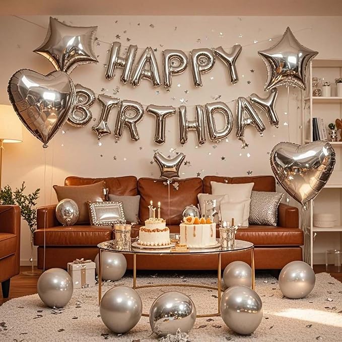 27 Pcs Silver Birthday Decorations, 3D Foil Silver Happy Birthday Balloon Banner, Pentagram Heart Foil Balloons Confetti Balloons Kit For Boys Girls Birthday Party Supplies