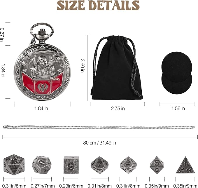 D&D Dice Set,7PCS Metal Dice for Dungeons and Dragons,Mini Dice Set with Pocket Watch Case,Role Playing Board Games Accessories (DM, Ancient Silver)