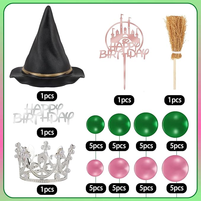 44PCS Witch Cake Topper Pink and Green Ball Cake Topper Witch Hat and Crown Cakes Topper for Girls Women Princess Birthday Party Supplies Halloween Cakes Decoration