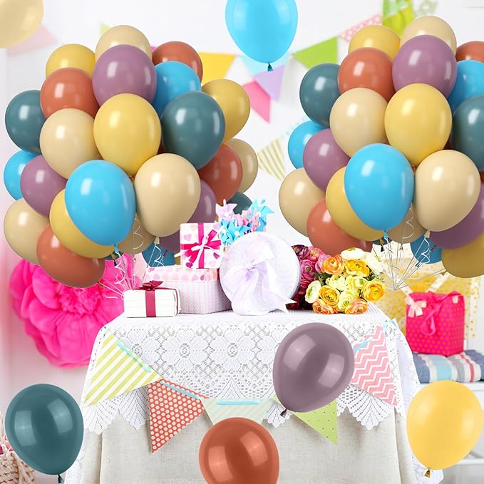 Colorful Balloons Boho Rainbow Latex Balloon Set, 50PCS 12Inch Retro Mustard Yellow Slate Blue Balloons Mixed Colored Balloon for Baby Shower Boho Safari Groovy Birthday