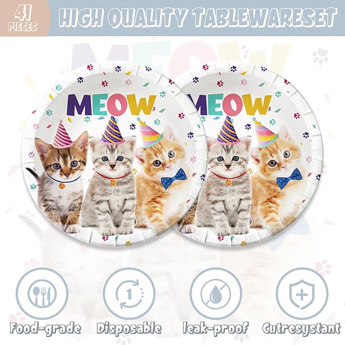 41pcs Cat Party Supplies,Pet Cat Birthday Party set Include dessert plate,Napkin and Tablecloth,Used for Cat Birthday Party Decoration
