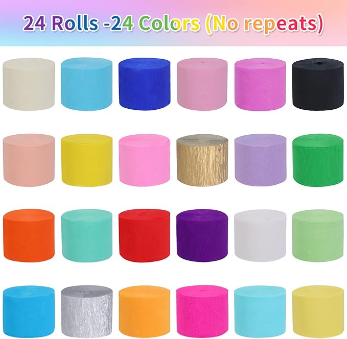 24 Rolls Crepe Paper Streamers, 24 Colors Rainbow Pastel Streamers Party Supplies for Birthday Party Baby Shower Rainbow DIY Christmas Halloween Wedding Ceremony Various Large Festivals Decoration