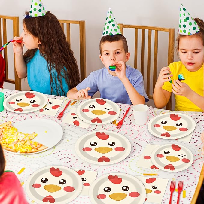 gisgfim 96 Pcs Chicken Birthday Party Supplies Paper Plates Napkins Chicken Themed Party Birthday Decorations Favors for Kids Serves 24