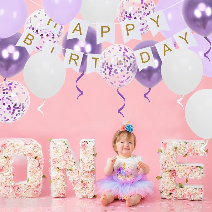 Happy Birthday Banner, Purple Birthday Decoration, 16 Pcs 12in Balloons with 2 Ribbons for Men Women Girls and Boys Party Decoration