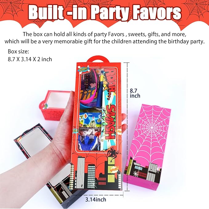 208Pcs Spider Party Favors - 12 Guests Set Include Goodie Box Straw Mini Notebooks Slap Bracelets Keychain Blowers Stickers Sticky hands Toy, for Carnival Classroom Prizes Birthday Party Gift