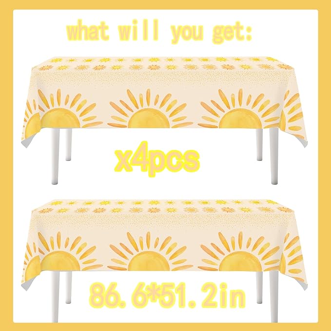 4ps Boho Sun Birthday Party Table Cloths First Trip around The Sun Birthday Decorations Boho Hippie Sunshine Disposable Plastic Table Covers for Sun Baby Shower Party Supplies Decorations (new yellow)