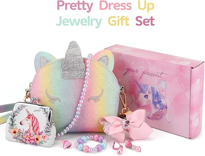 JYPS 7PCS Toddler Purse for Girl, Girls Wallet with Pretend Play Toys, Princess Toys with Kids Dress Up Jewelry Set (Rainbow Unicorn)