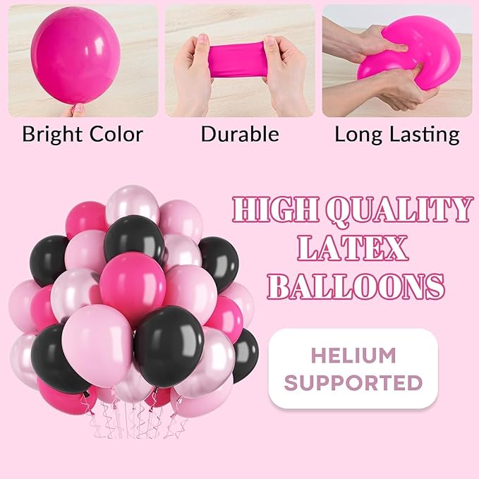 Pink and Black Balloons, 60PCS Hot Pink Black Balloon Set, 12Inch Pastel Light Rosa and Metallic Latex Balloons for Girls Women Princess Birthday Bachelorette Baby Shower Beauty Party Decorations