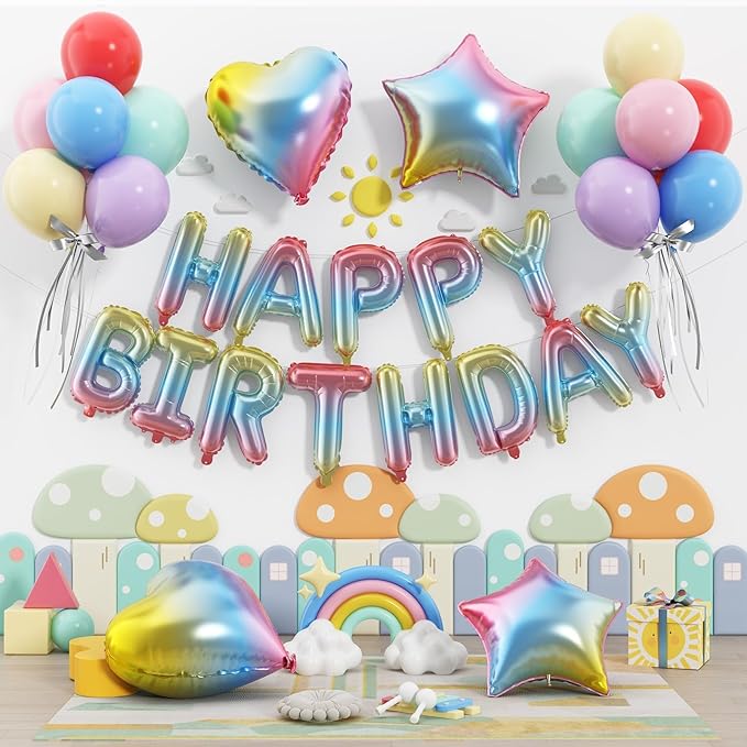 29PC Gradient Happy Birthday Balloon Banner, 16 Inch 3D Letter Banner Sign, Light Blue Pink Green Purple Red Yellow Balloons 18 Inch Star Heart Foil Balloons for Women, Men Party Supply