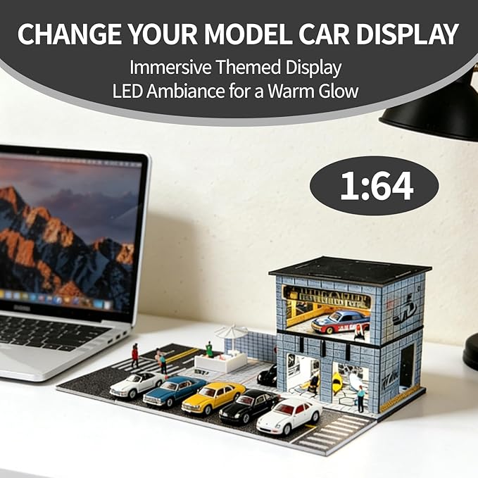1/64 Model Car Display Shop Case for Adults, Premium in-House-Design Scale Diecast Parking Garage for Toy Cars, Toys Car Garage, Scenic Diorama Display Car Park with ith LED Lamps, Gifts for Men