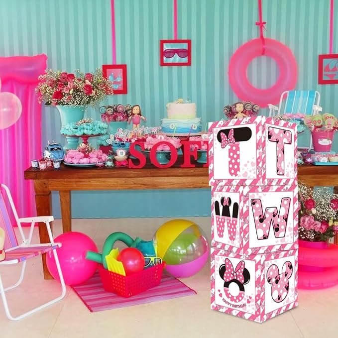 TONIFUL Pink Mouse 2nd Birthday Party Supplies Balloon Box with Letters，Pink Mouse Theme Two Years Old Birthday Party Favors for Girls Second Birthday Decorations