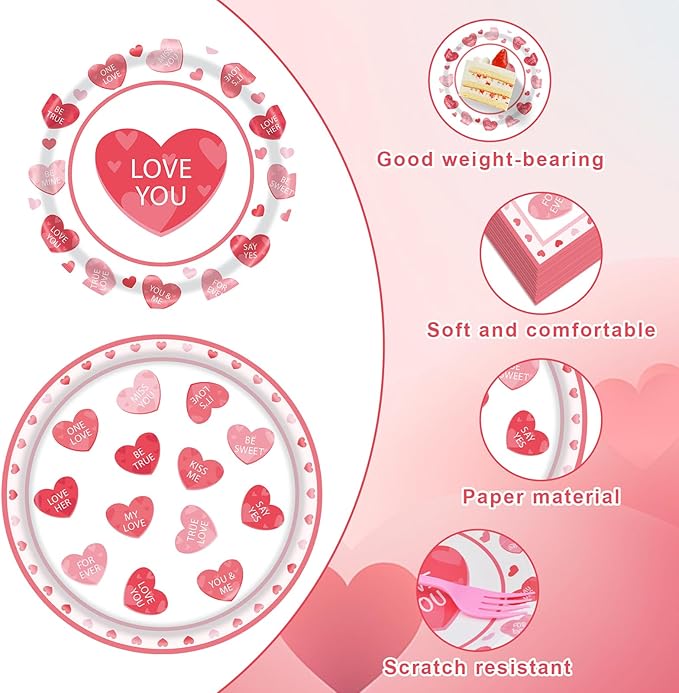 96 Pieces Valentine’s Day Tableware Set – Red and Pink Heart Message Disposable Plates, Napkins, Forks For Valentine’s Parties, Weddings, Anniversaries, Romantic Dinners – Serves 24 Guests