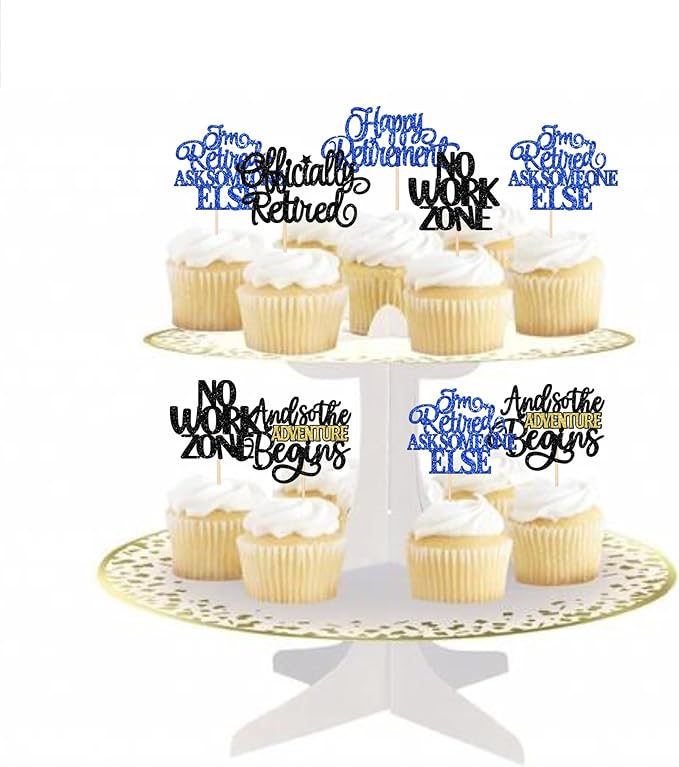 30 PCS Happy Retirement Cupcake Toppers Officially Retired Cupcake Picks No Work Zone Adventure Begins Cake Decorations for Retirement Theme Farewell Birthday Party Supplies Black Blue