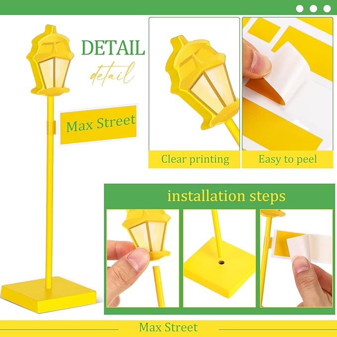 6 Pcs Street Sign Lamp Post Centerpiece Wooden Lamp Post with Street Party Sign Sticker for Toy Decor Friend Birthday Party Supplies Decoration(Yellow)