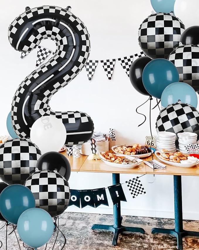 40 Inch Checkered Racetrack Number Balloon 2 Black and White Race Car Balloon Bundle Blue Black Race Car Latex Balloon Boy Two Fast Race Car 2nd Birthday Race Car Theme Party Decor Supplies 21 Pcs Kit