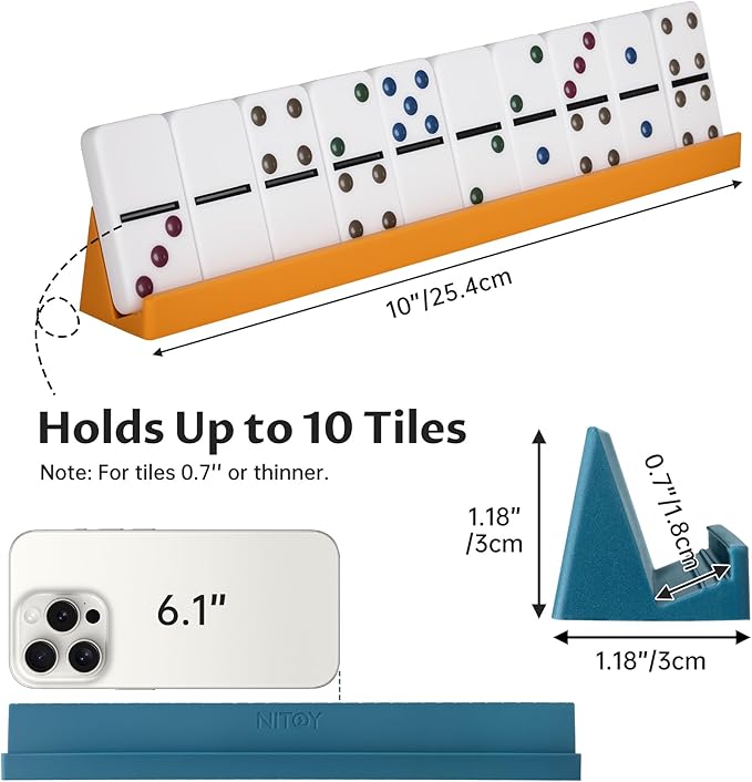 Silicone Domino Racks Set of 8, 10"x1.18"x1.18" Dominoes Holders/Trays 3 Tilt Options for Mexican Train Chickenfoot & Other Domino Games, Double 6 Accessories, 4 Colors (Dominoes NOT Included)