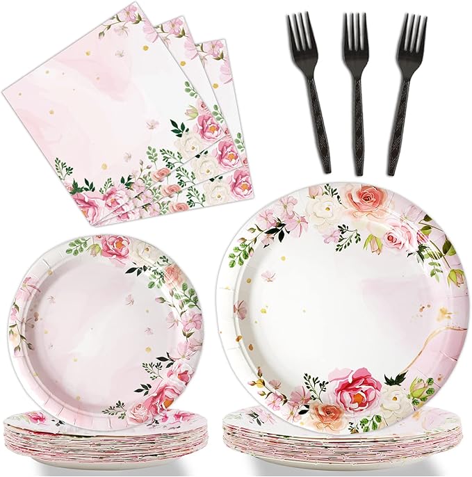 gisgfim 96 Pcs Floral Party Plates and Napkins Party Supplies Pink Spring Theme Flower Party Tableware Set Watercolor Floral Tea Party Decorations Favors for Bridal Baby Shower Serves 24