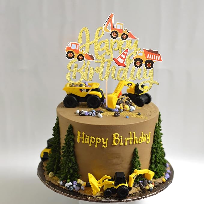 1 PCS Construction Happy Birthday Cake Topper Glitter Dump Truck Excavator Tractor Construction Cake Pick for Construction Theme Baby Shower Birthday Party Cake Decorations Supplies Gold