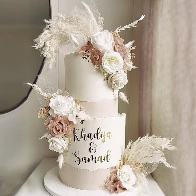 33 PCS Boho Cake Topper Decorations Vintage Artificial Rose Flowers Leaves Various Dried Pampas Grass for Cake Decorating Kit for Wedding Bridal Birthday Party Supplies (Light Brown)