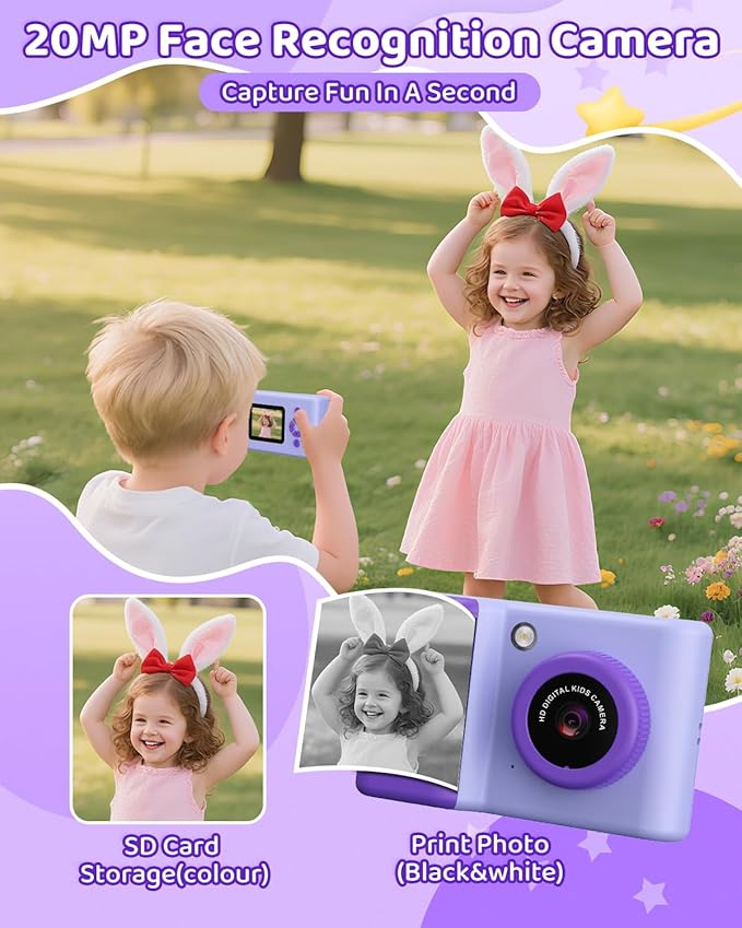 Kids Camera Instant Print, 20MP 1080P Video Instant Print Camera for Kids with 32GB SD Card, 240 Photos Printing, Face Recognition, ABS Durable, Christmas Birthday Gifts for Ages 3-12