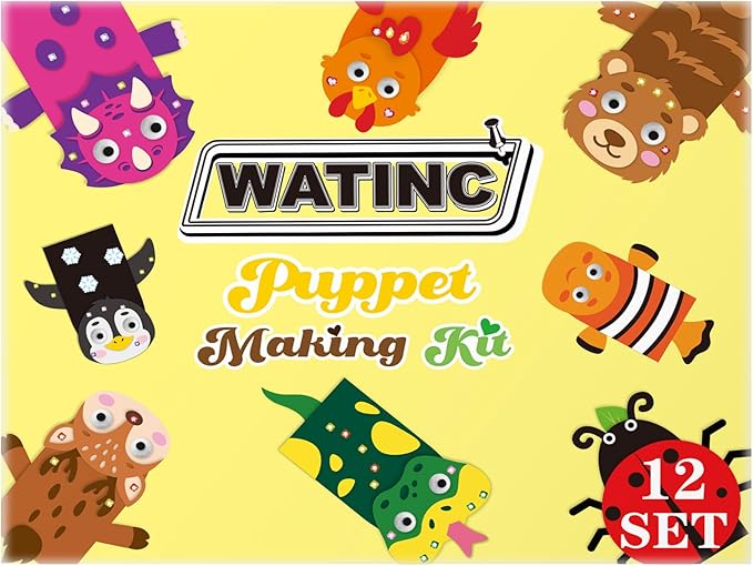 WATINC 12Pcs Hand Puppet Making Kit, Art Craft Felt Sock Puppet Toys, Creative DIY Make Your Own Pompoms Wiggle Googly Eyes Storytelling Role Play Party Supplies Gift for Girls Boys (Insect A Ocean A)