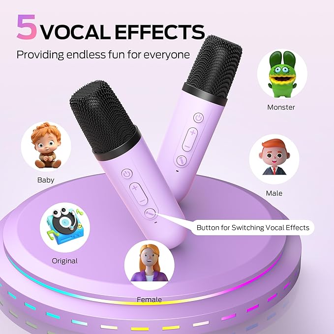 Monster Mini Karaoke Machine for Kids Adults, Portable Bluetooth Speakers with 2 Wireless Microphones and Lights, Christmas Birthday Gifts Toys for Girls Boys 4, 5, 6, 7, 8, 9, 10, 12+ Toddler