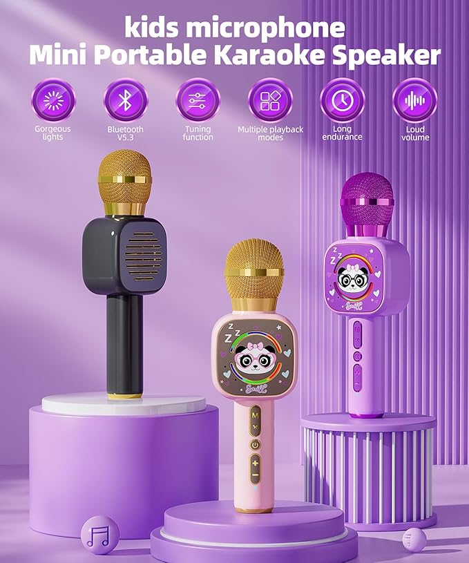 Bluetooth Karaoke Microphone Toy for Kids - Mini Portable Speaker with LED Lights, Wireless Pairing (TWS) for Duet Singing, Christmas Birthday Gift Toys for Boys & Girls Ages 2-12 (purple - 1)