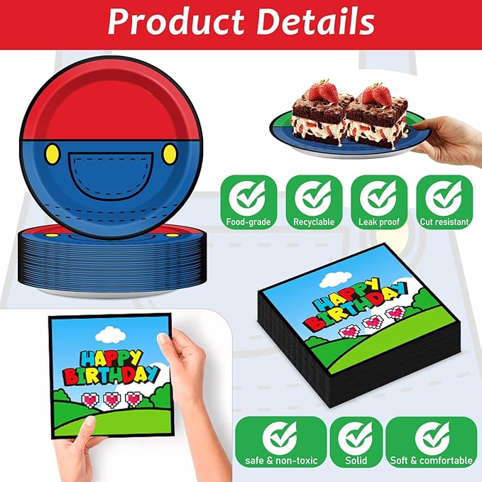 200pcs Super Brother Birthday Party Supplies Super Brother Plates Disposable Paper Tableware Super Bro Plates Napkins with Fork Super Bro Decoration Super Video Games Tableware for Kids Baby Shower